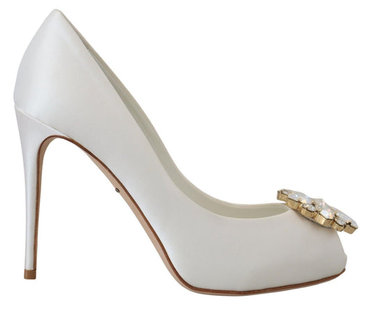 White Crystals Peep Toe Heel Satin Pumps