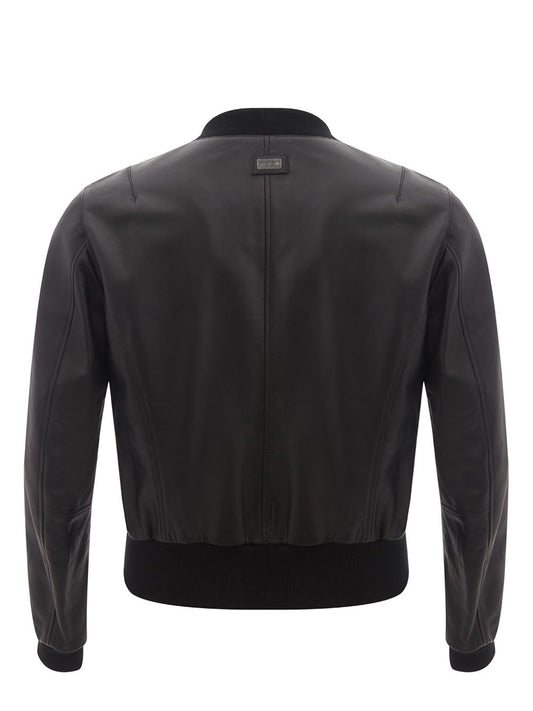 Elegant Black Leather Bomber Jacket