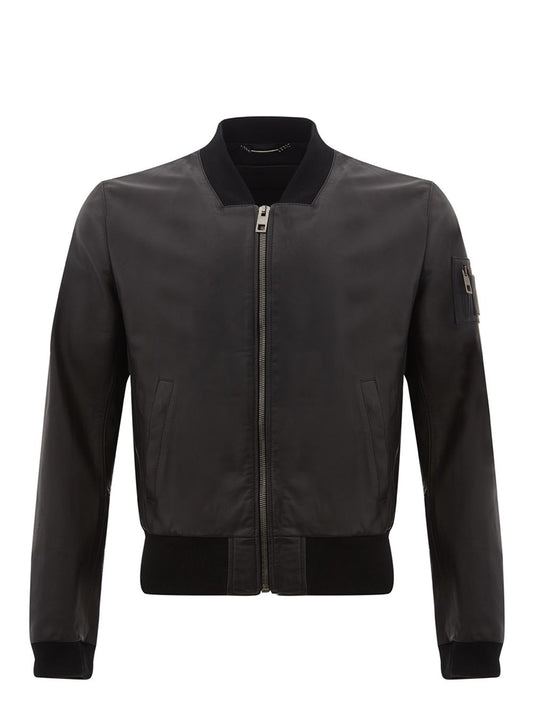 Elegant Black Leather Bomber Jacket