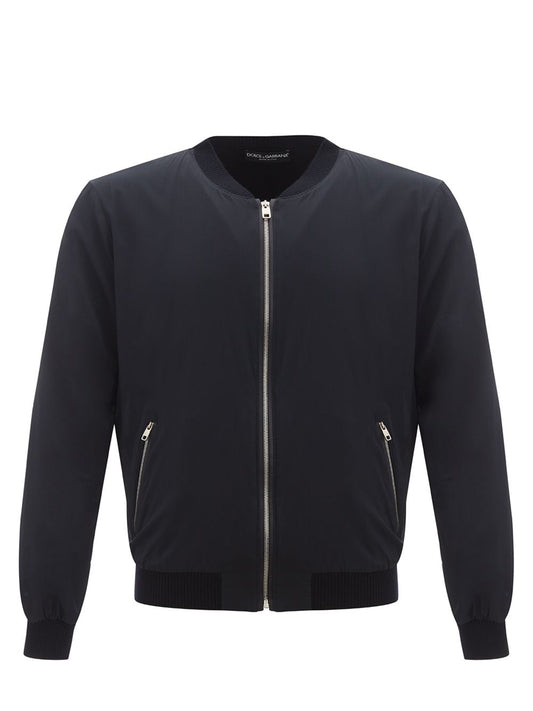 Elegant Navy Blue Silk Bomber Jacket