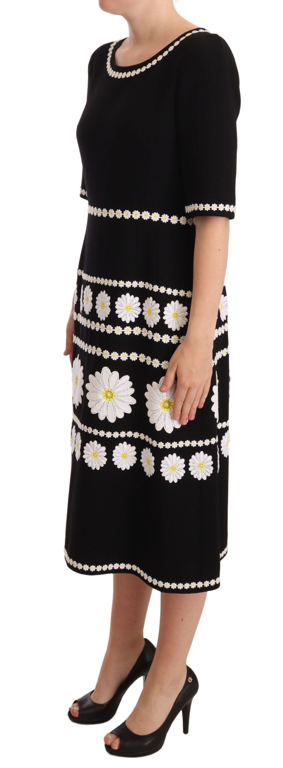 Chic Black Daisy Embroidered A-Line Midi Dress