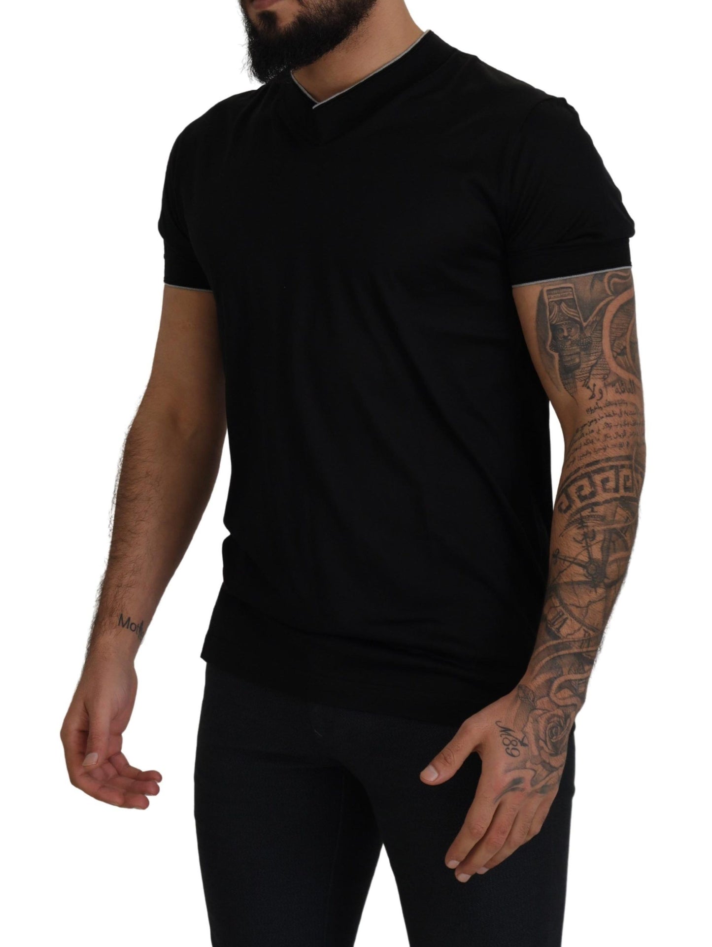 Black Silk V-Neck Short Sleeve T-shirt