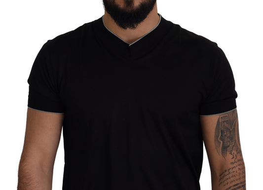 Black Silk V-Neck Short Sleeve T-shirt