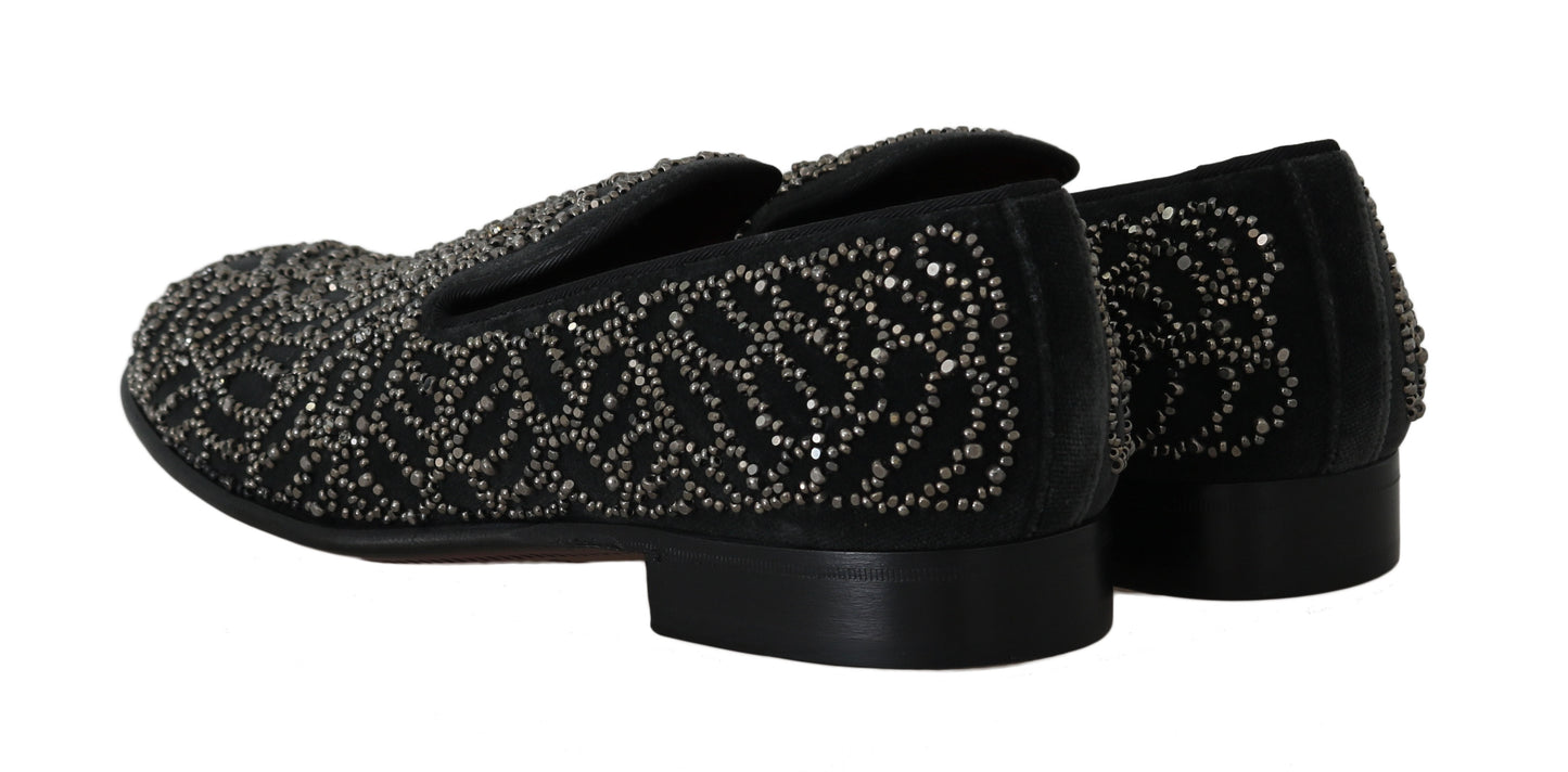 Elegant Black Velvet Loafers with Crystal Detail