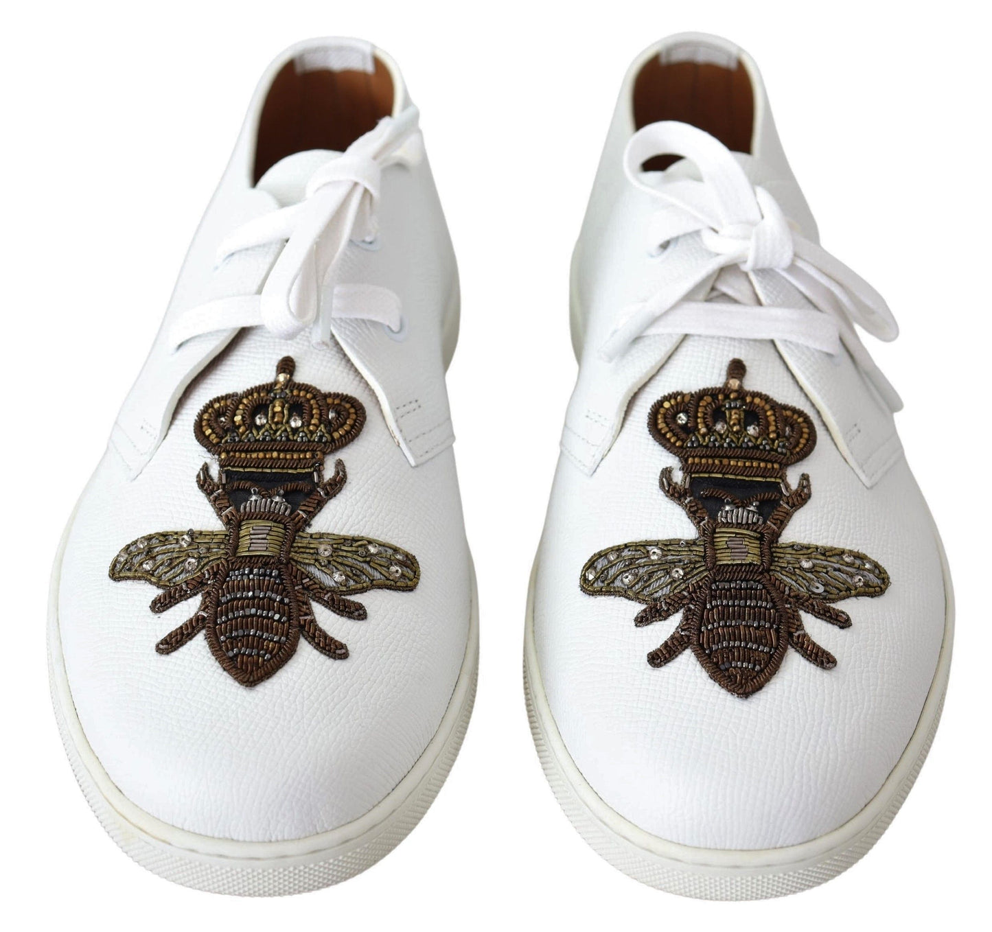 White Leather Sneakers with Gold Crown Bee Embroidery