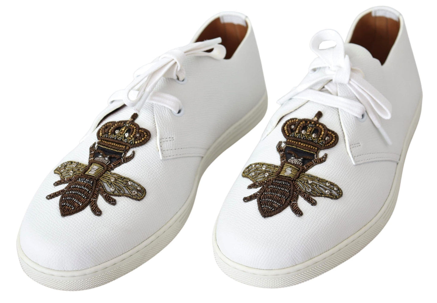 White Leather Sneakers with Gold Crown Bee Embroidery