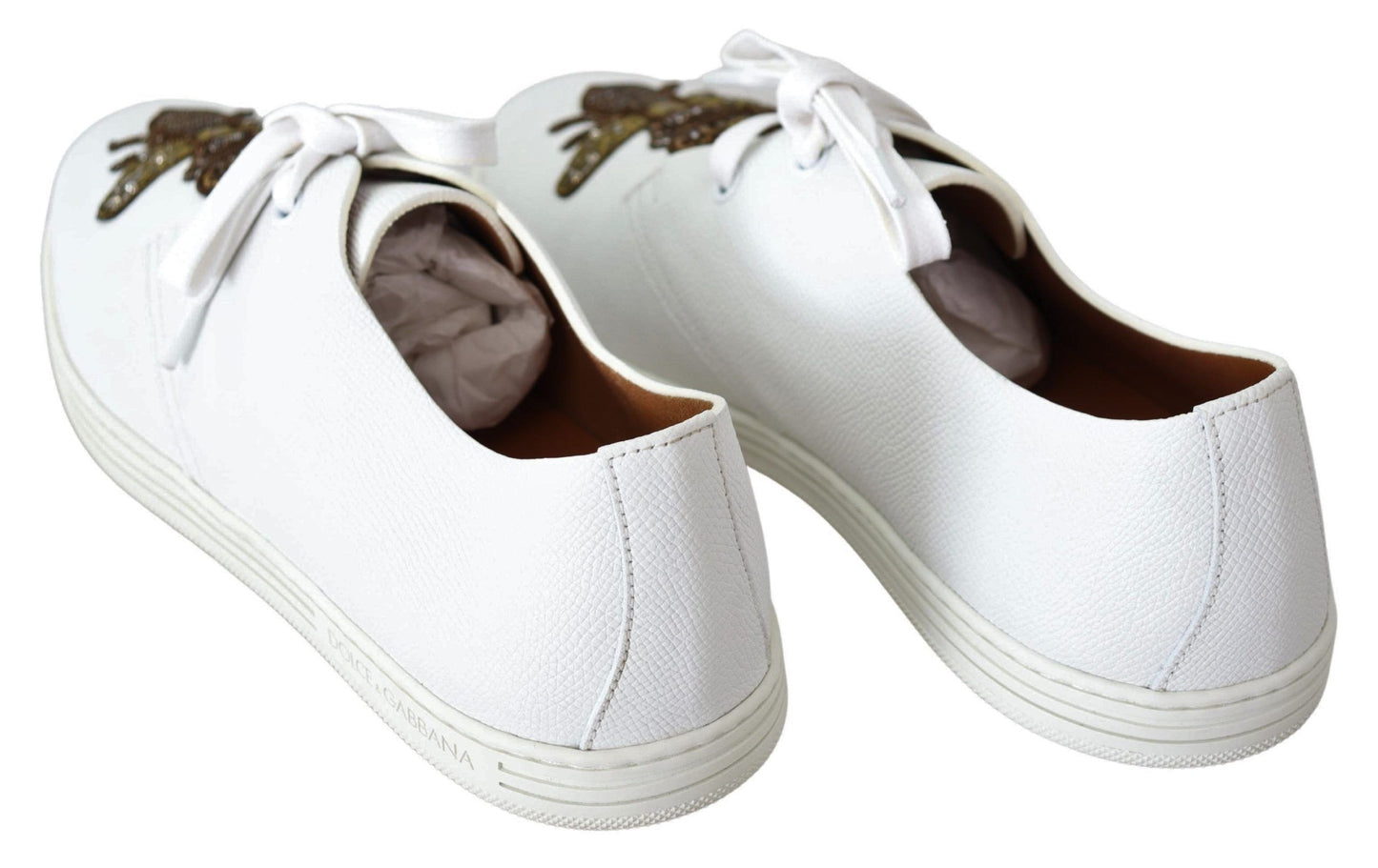 White Leather Sneakers with Gold Crown Bee Embroidery