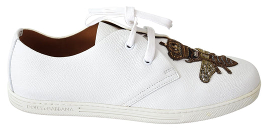 White Leather Sneakers with Gold Crown Bee Embroidery