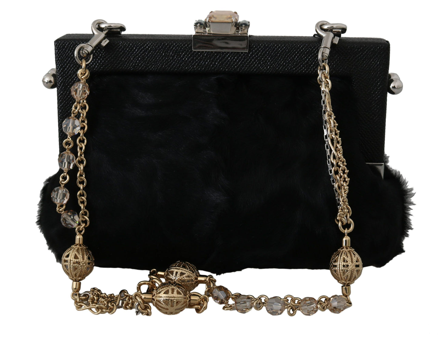 Black Fur Gold Baroque Crystal Evening Clutch