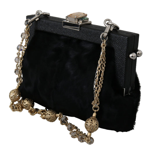 Black Fur Gold Baroque Crystal Evening Clutch