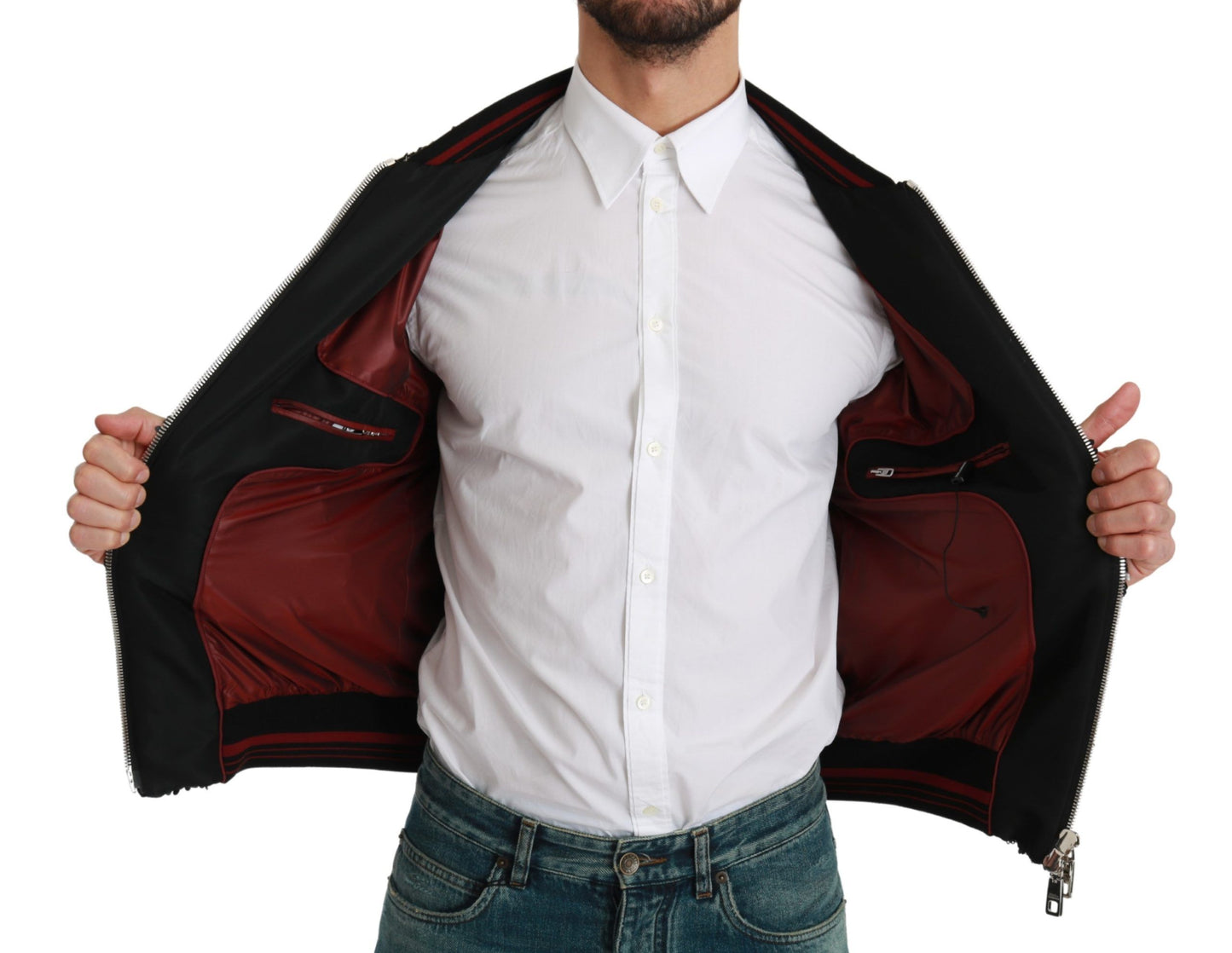 Elegant Black Bomber Jacket with Red Detailing