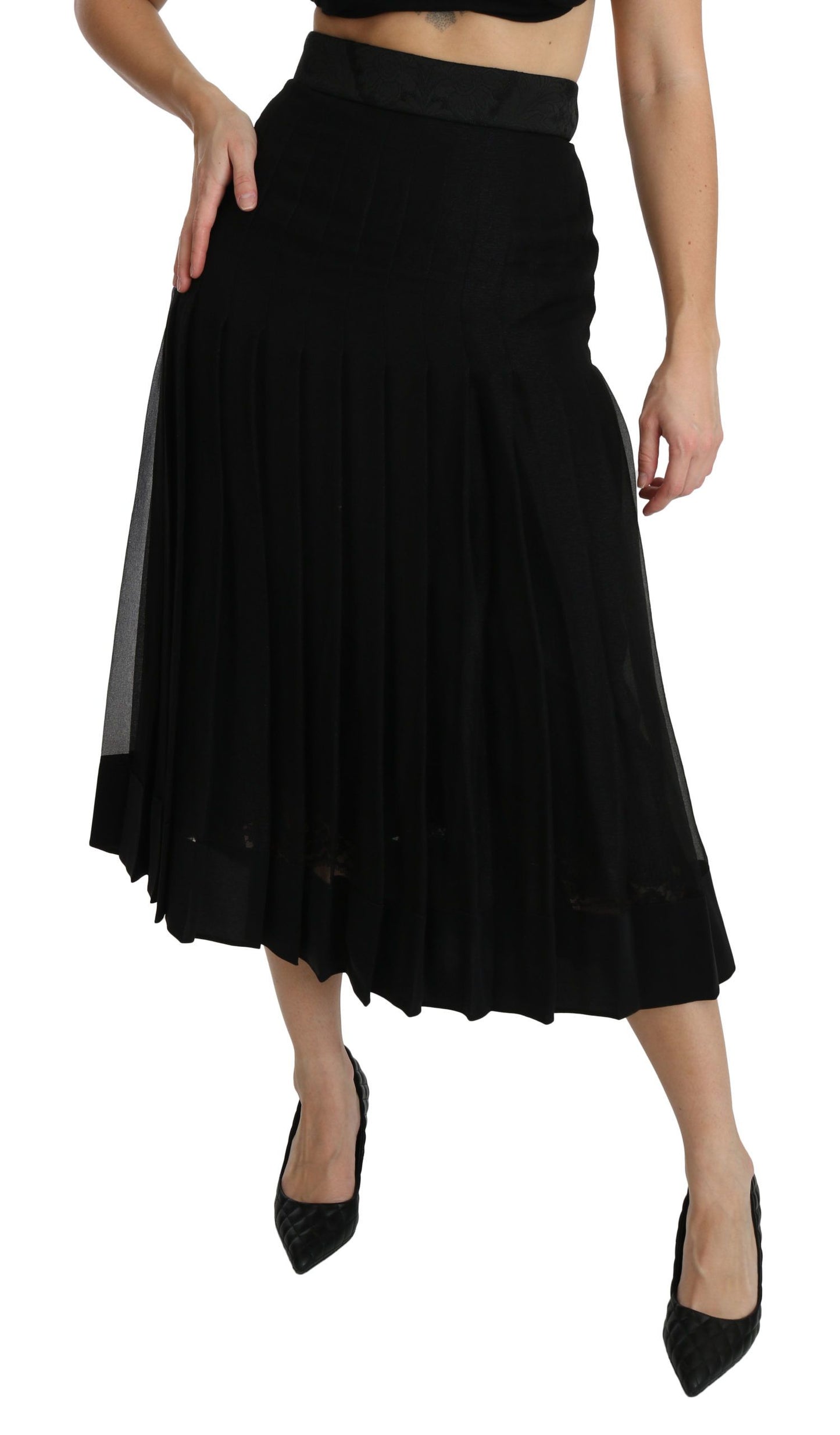 Elegant Black Silk Blend Pleated Midi Skirt