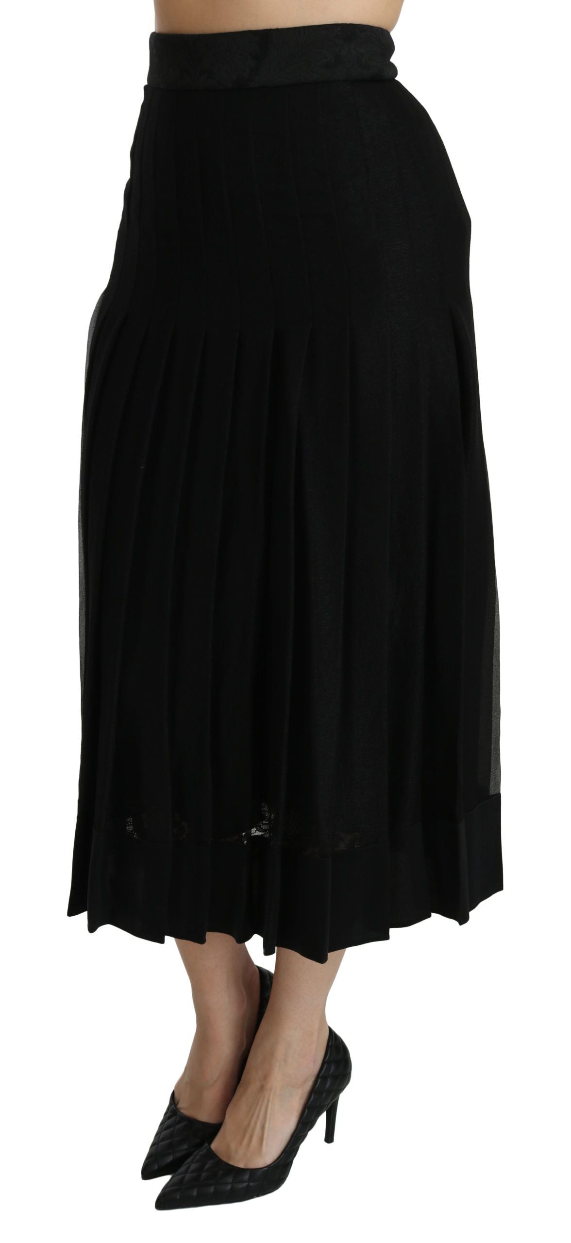 Elegant Black Silk Blend Pleated Midi Skirt