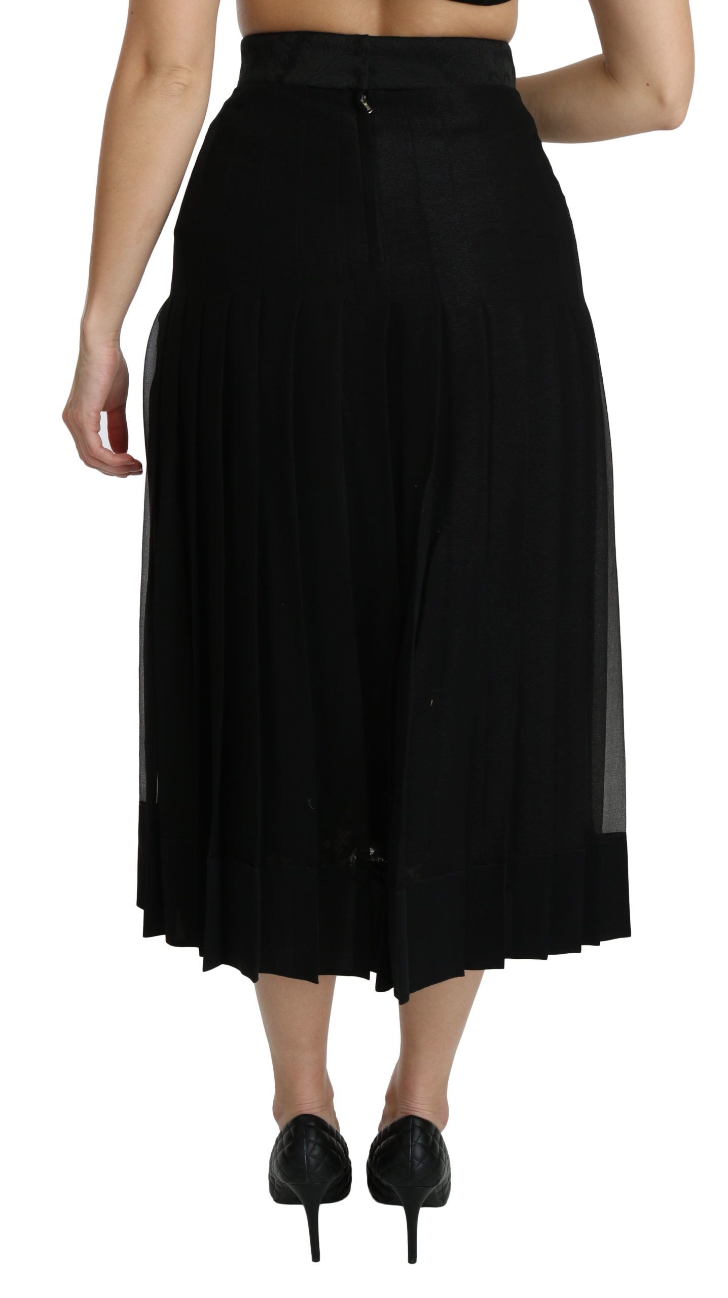 Elegant Black Silk Blend Pleated Midi Skirt