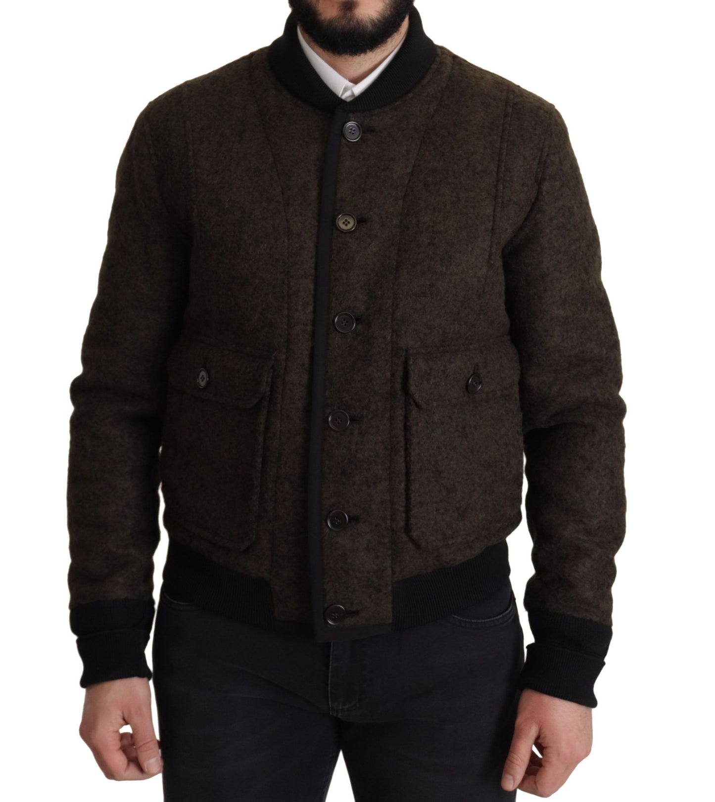 Brown Alpaca Button Down Bomber Coat Jacket