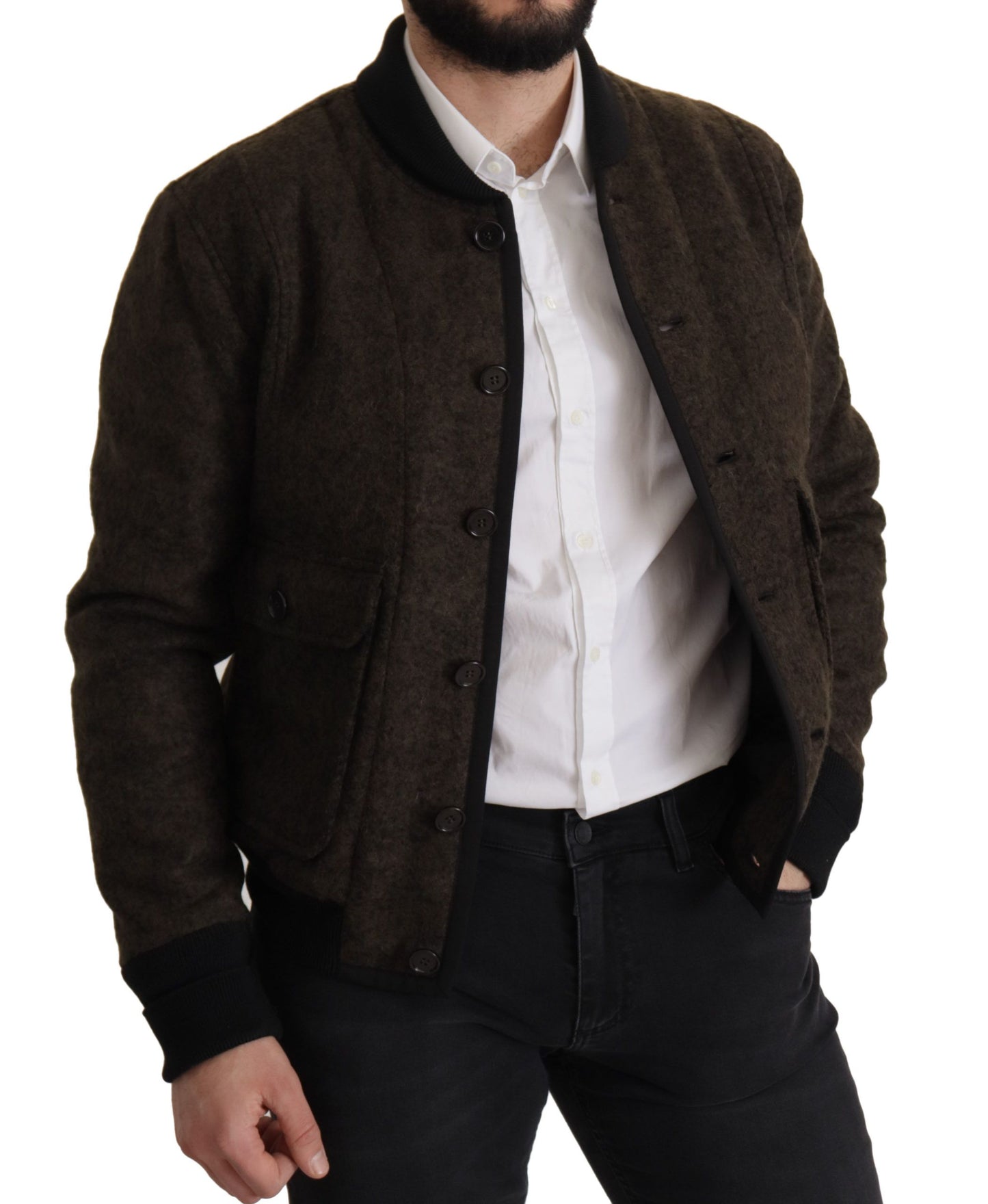 Brown Alpaca Button Down Bomber Coat Jacket