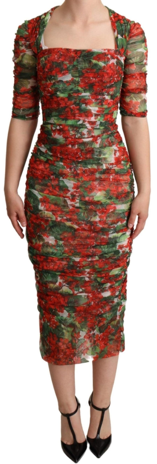 Red Floral Print Tulle Sheath Midi Dress