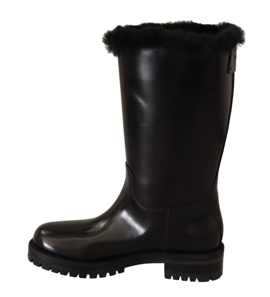 Elegant Black Leather & Fur Biker Boots