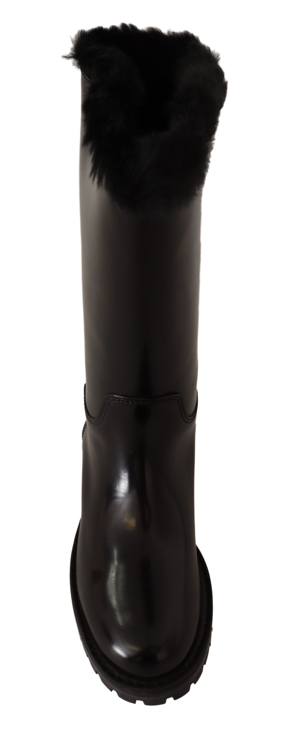 Elegant Black Leather & Fur Biker Boots