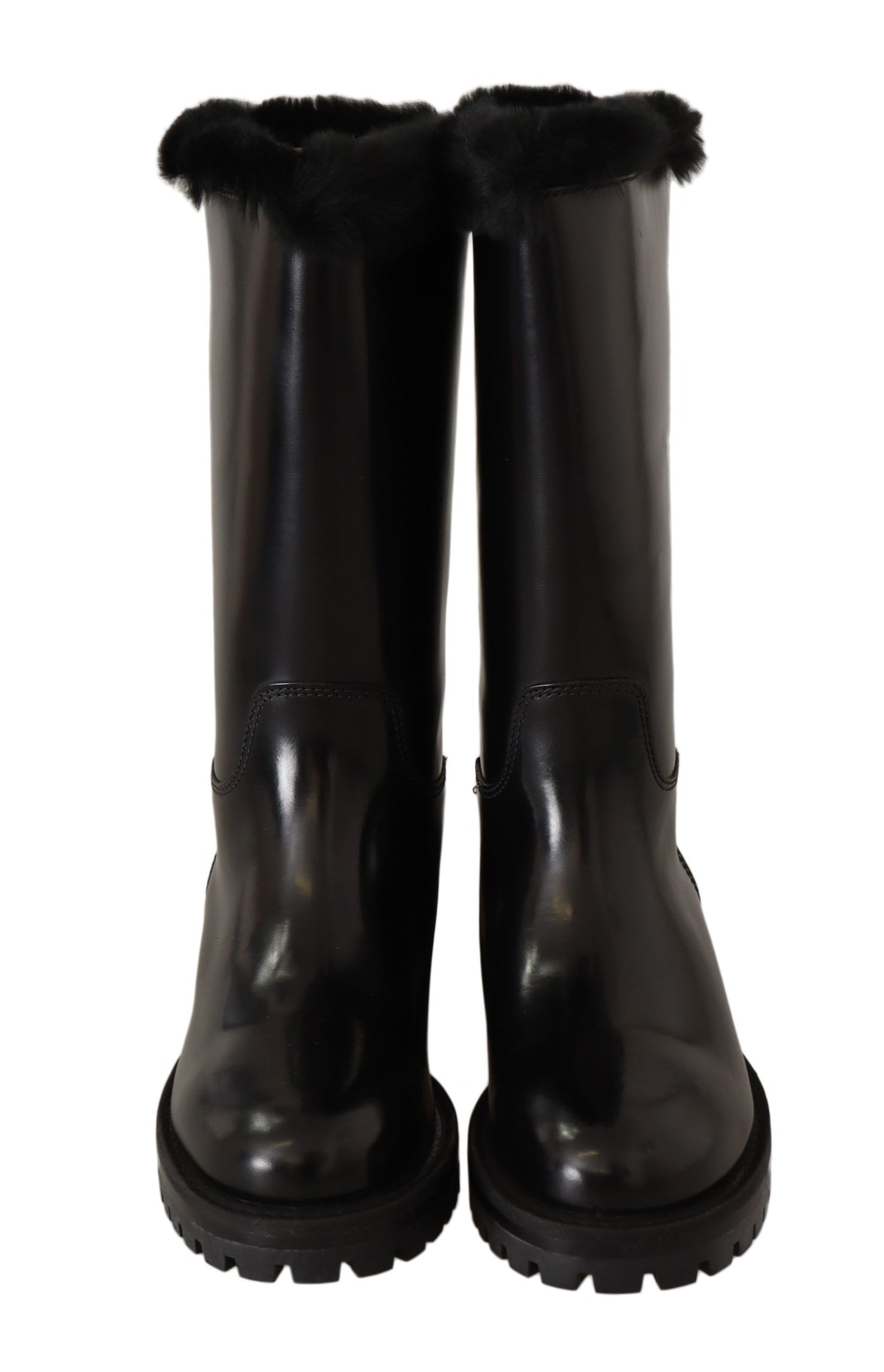 Elegant Black Leather & Fur Biker Boots