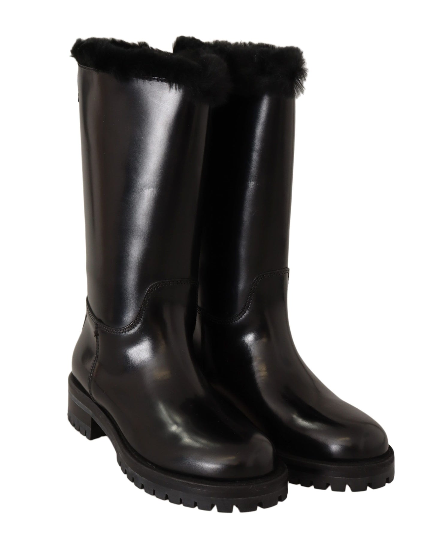 Elegant Black Leather & Fur Biker Boots