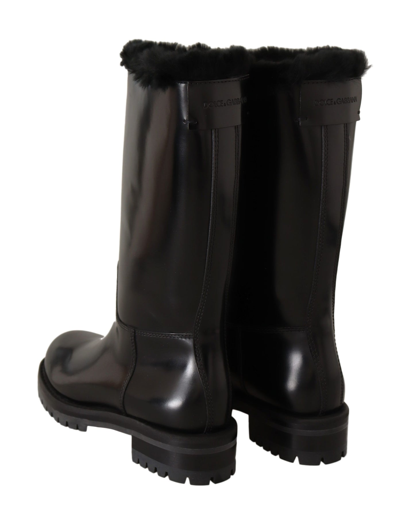 Elegant Black Leather & Fur Biker Boots