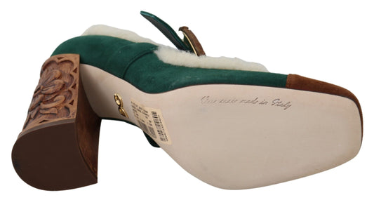 Chic Green Suede Mary Janes with Shearling Trim