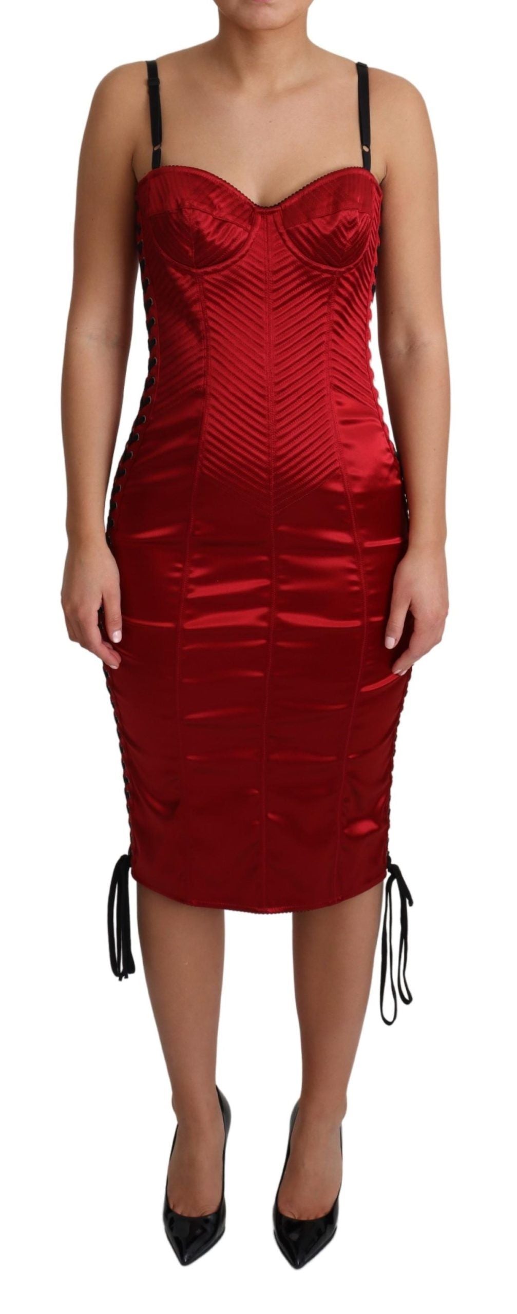 Radiant Red Satin Midi Dress with Corset Bodice