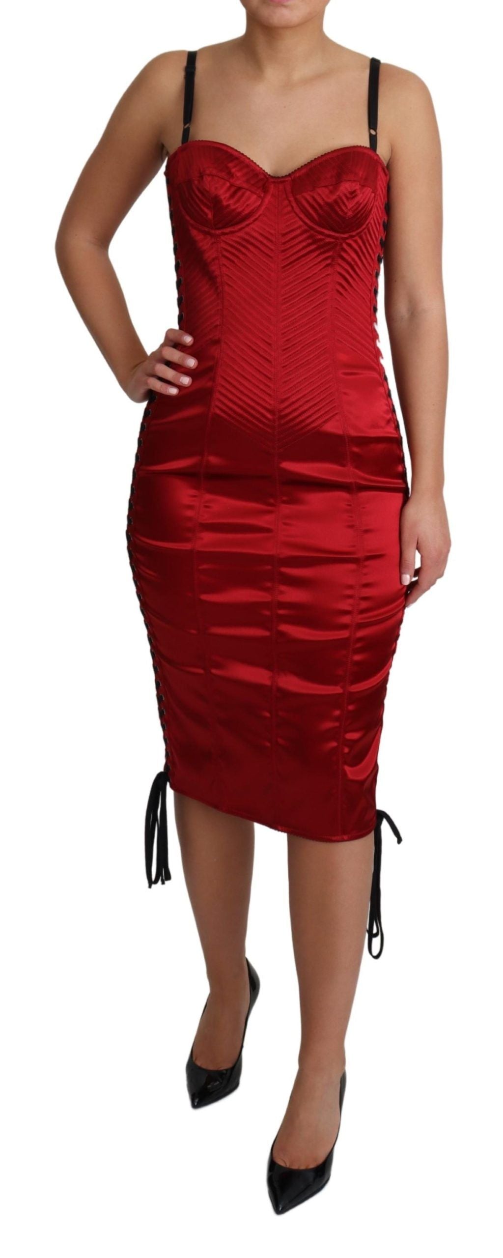 Radiant Red Satin Midi Dress with Corset Bodice