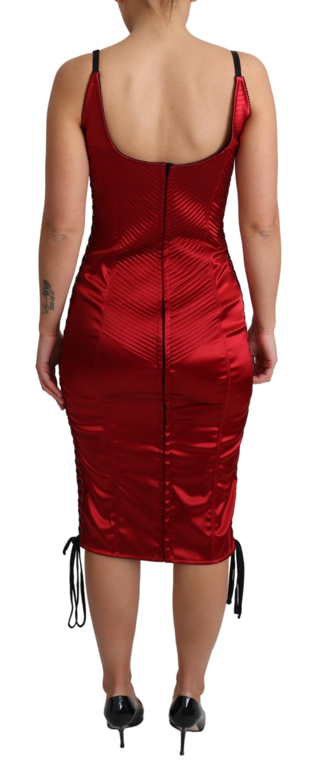 Radiant Red Satin Midi Dress with Corset Bodice