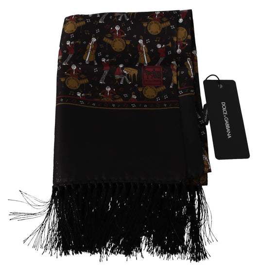 Elegant Brown Silk Musicians Print Scarf