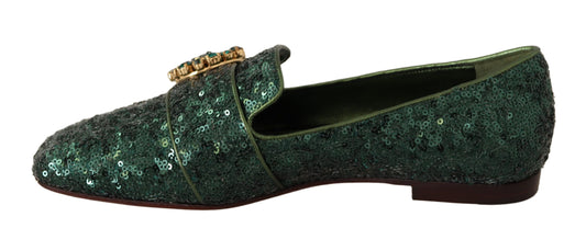 Emerald Sequined Loafers with Crystal Gems