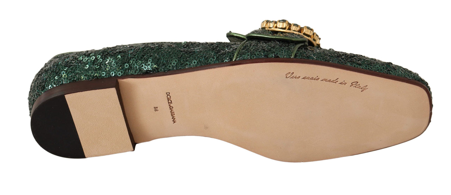 Emerald Sequined Loafers with Crystal Gems