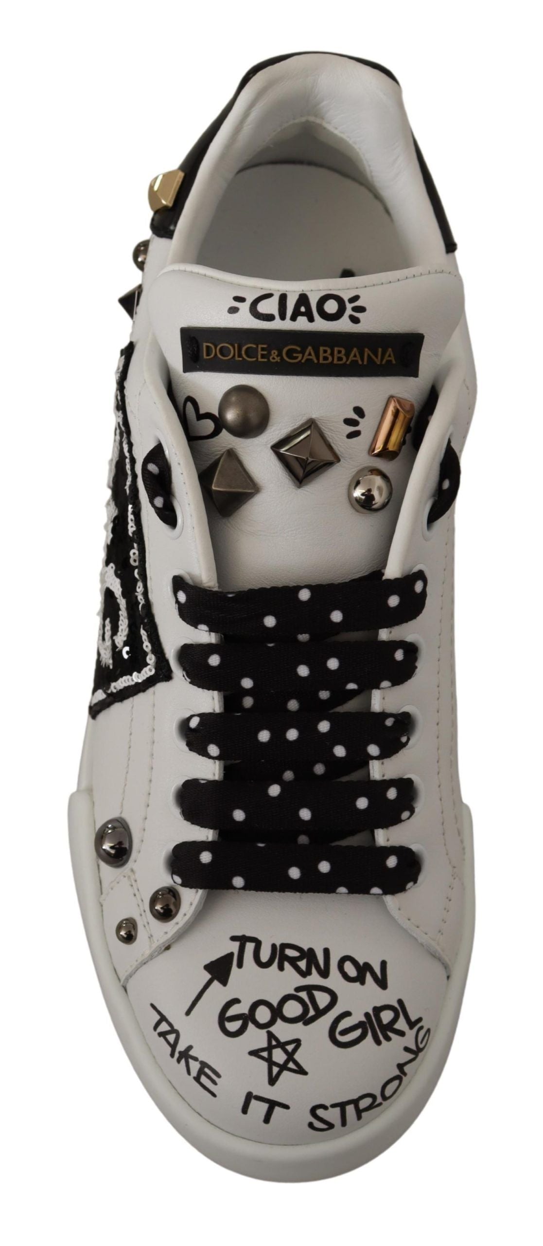 White Sequined Leather Sneakers with Studs Detail