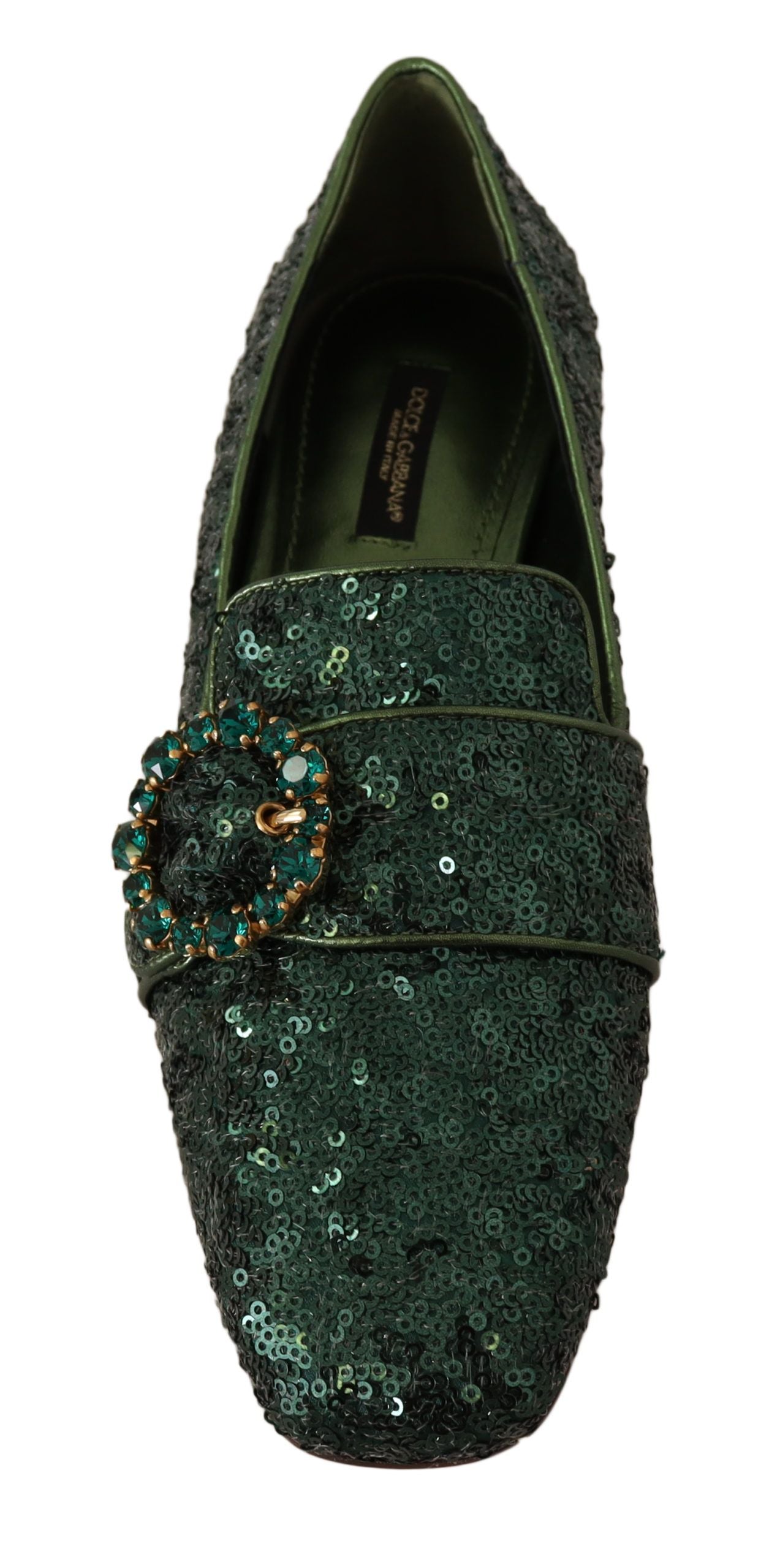 Emerald Sequined Loafers with Crystal Gems