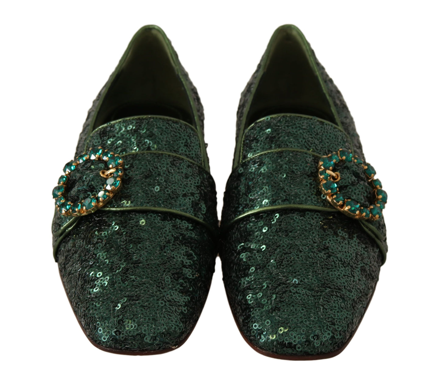 Emerald Sequined Loafers with Crystal Gems