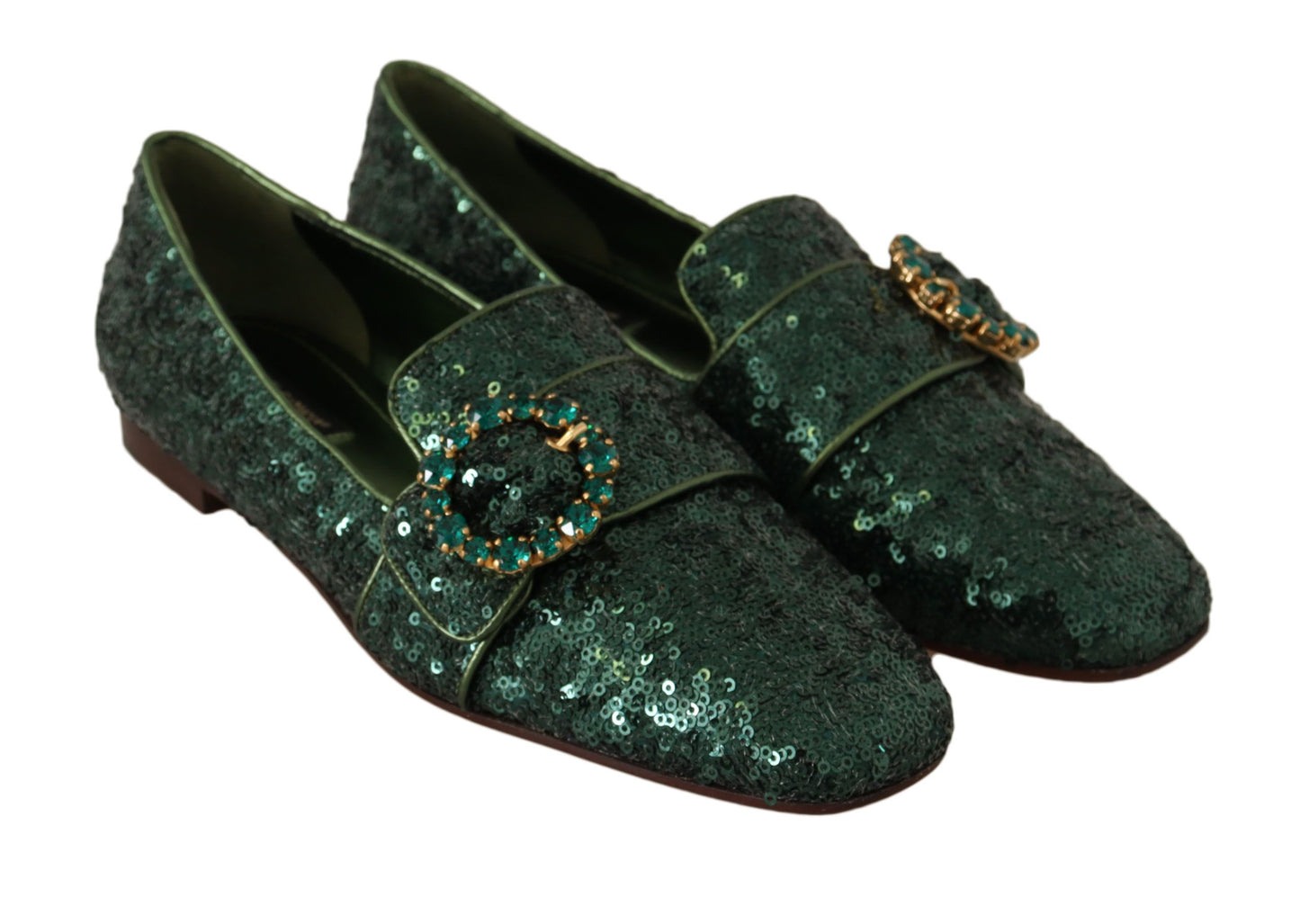 Emerald Sequined Loafers with Crystal Gems