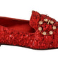 Sequined Red Flat Loafers with Crystal Gems