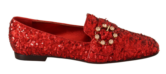 Sequined Red Flat Loafers with Crystal Gems