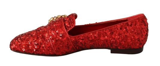 Sequined Red Flat Loafers with Crystal Gems