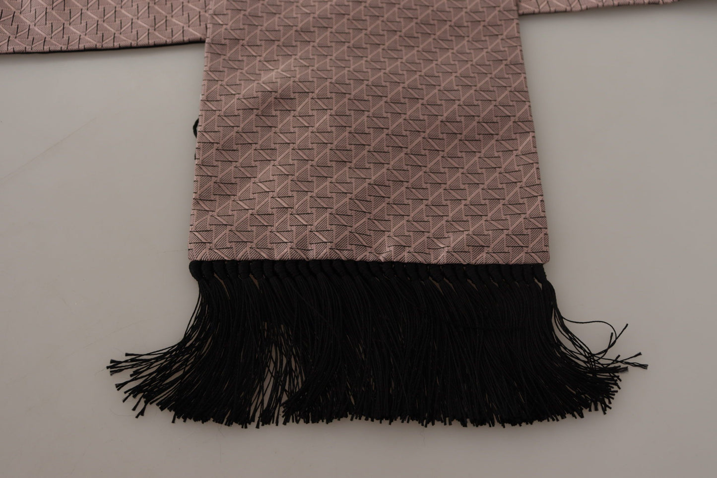 Light Pink Silk Check Print Neck Wrap Fringes Scarf