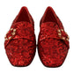Sequined Red Flat Loafers with Crystal Gems