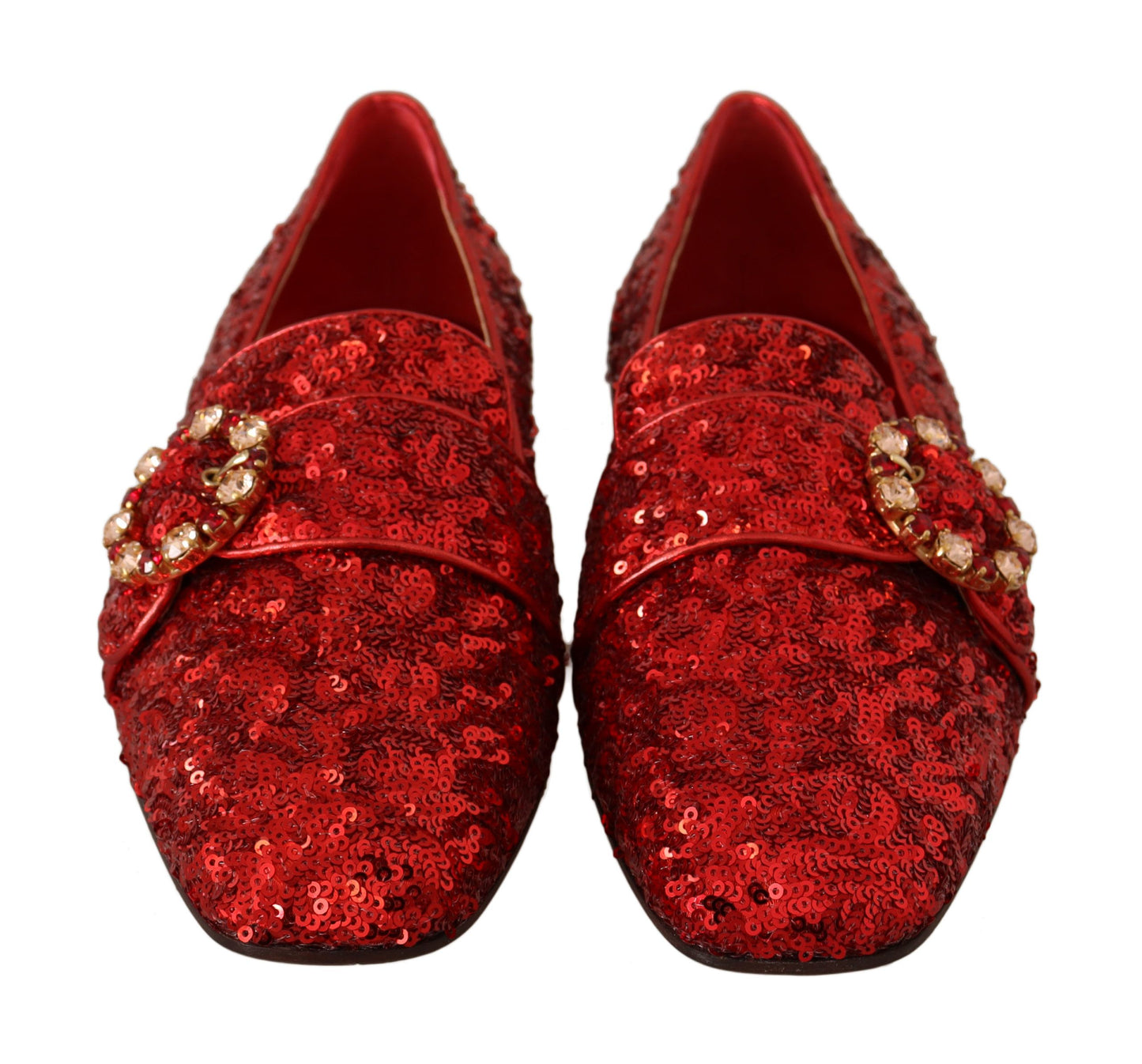 Sequined Red Flat Loafers with Crystal Gems