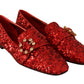 Sequined Red Flat Loafers with Crystal Gems