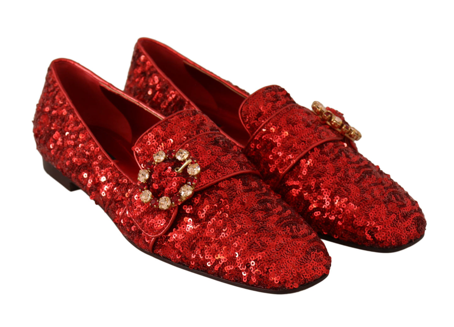 Sequined Red Flat Loafers with Crystal Gems