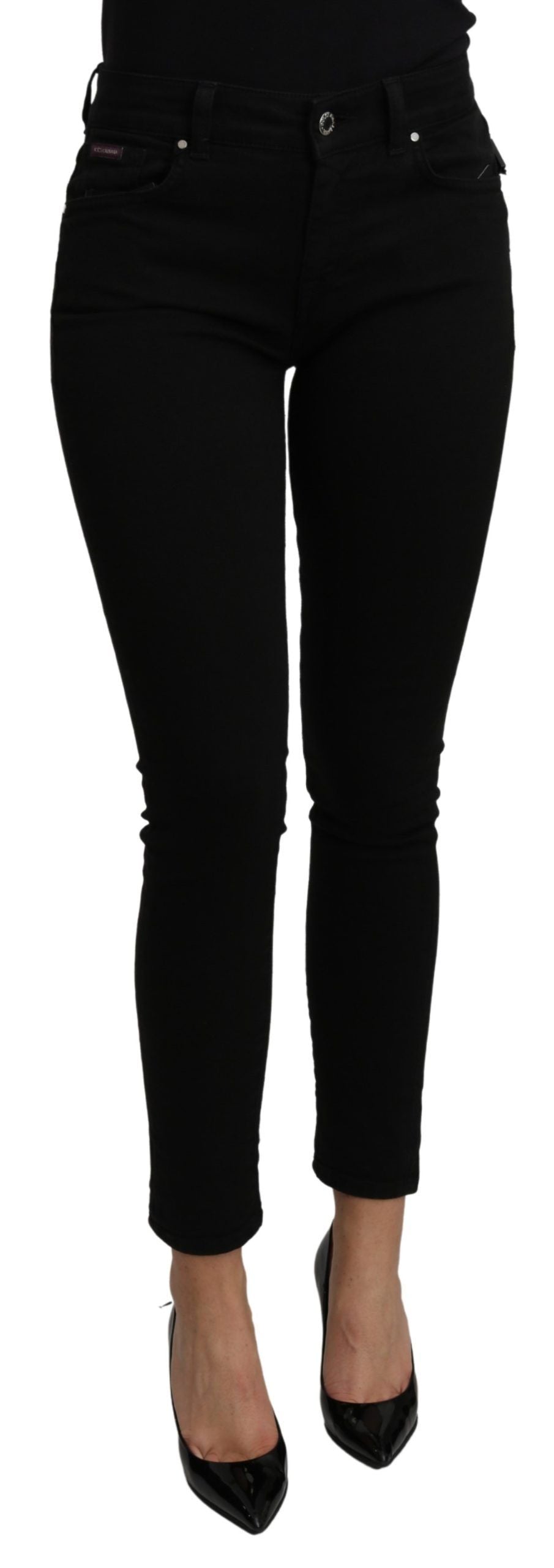 Sleek Black Mid Waist Slim Fit Cropped Jeans