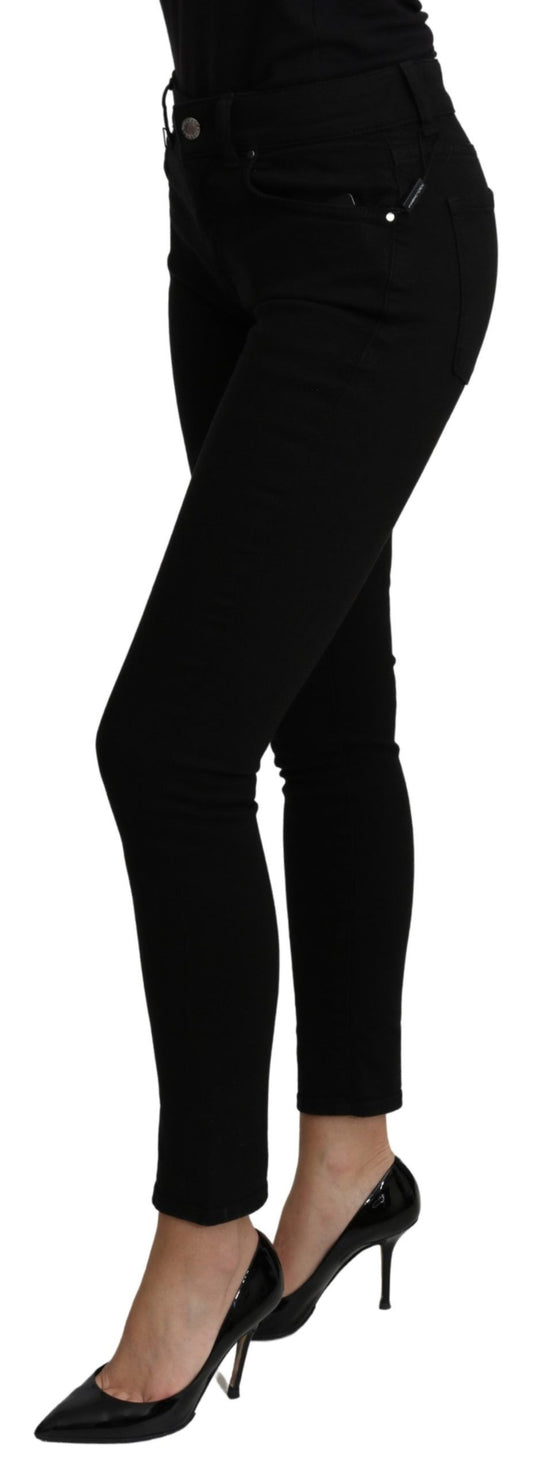 Sleek Black Mid Waist Slim Fit Cropped Jeans