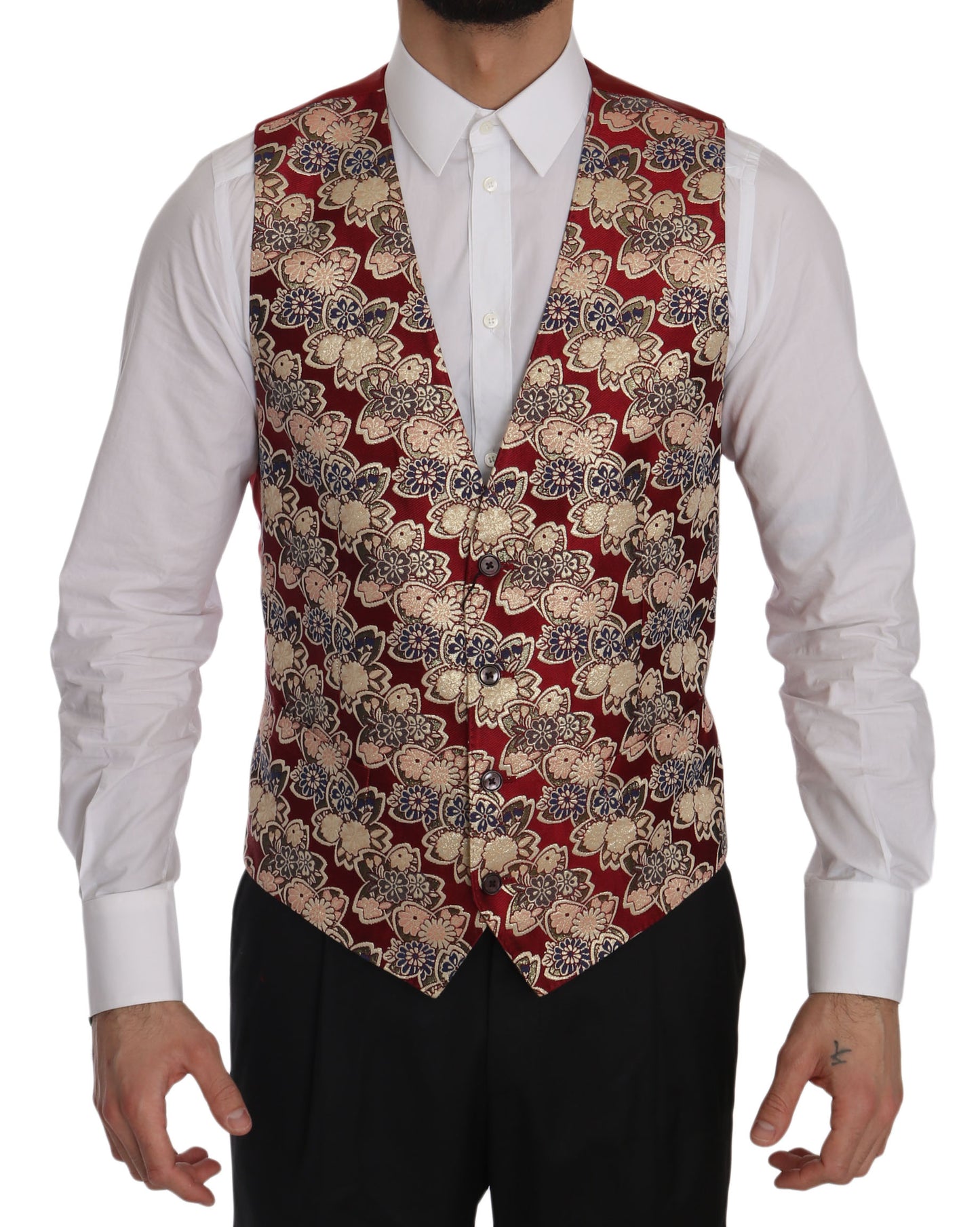 Regal Red Floral Jacquard Slim Fit Vest