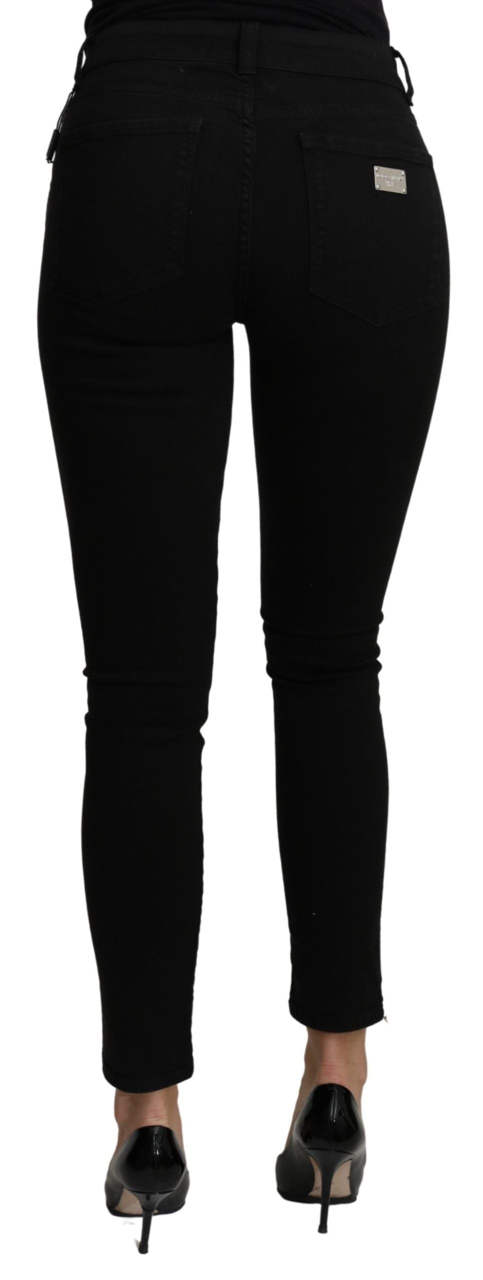 Sleek Black Mid Waist Slim Fit Cropped Jeans