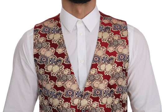 Regal Red Floral Jacquard Slim Fit Vest